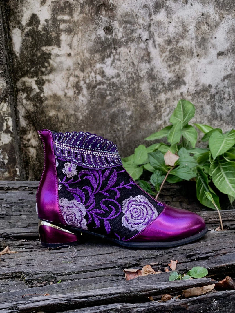 YL En Bloom | Rhinestone Ankle Floral-Embroidered Boot - Purple 8 YL En Bloom | Rhinestone Ankle Floral-Embroidered Boot - Purple