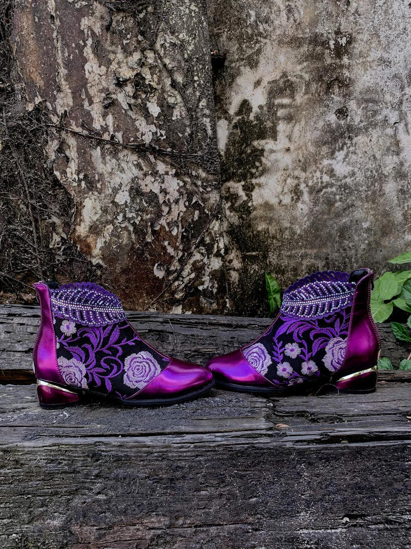 YL En Bloom | Rhinestone Ankle Floral-Embroidered Boot - Purple 6 YL En Bloom | Rhinestone Ankle Floral-Embroidered Boot - Purple