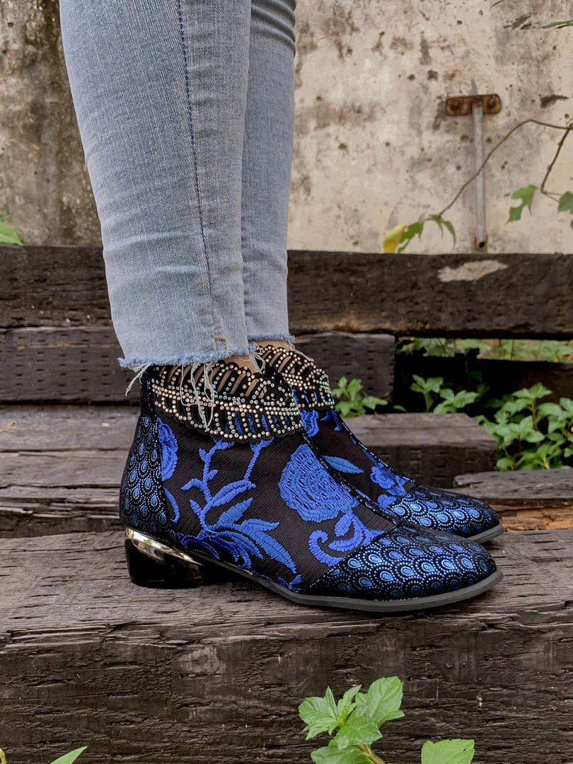 YL En Bloom | Rhinestone Ankle Floral-Embroidered Boot - Blue 1 YL En Bloom | Rhinestone Ankle Floral-Embroidered Boot - Blue