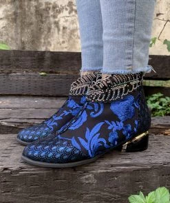 YL En Bloom | Rhinestone Ankle Floral-Embroidered Boot - Blue