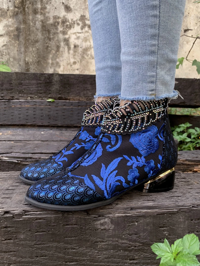 YL En Bloom | Rhinestone Ankle Floral-Embroidered Boot - Blue 2 YL En Bloom | Rhinestone Ankle Floral-Embroidered Boot - Blue