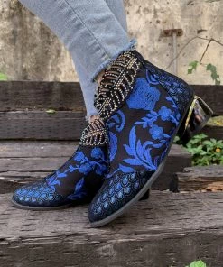 YL En Bloom | Rhinestone Ankle Floral-Embroidered Boot - Blue 10 YL En Bloom | Rhinestone Ankle Floral-Embroidered Boot - Blue