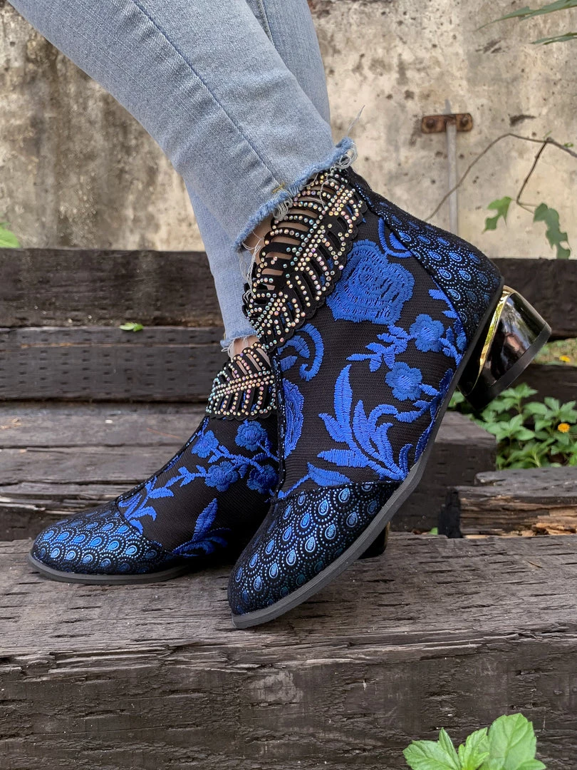 YL En Bloom | Rhinestone Ankle Floral-Embroidered Boot - Blue 3 YL En Bloom | Rhinestone Ankle Floral-Embroidered Boot - Blue