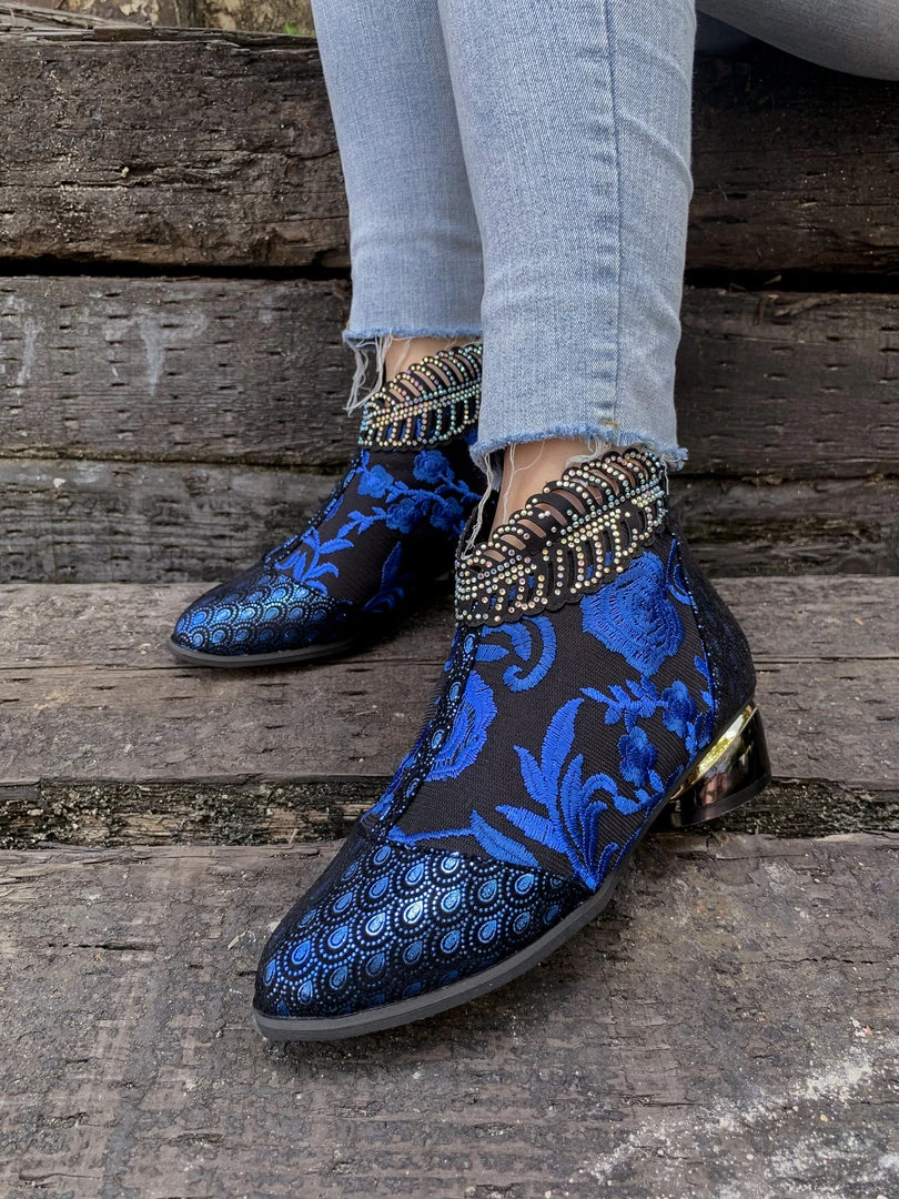 YL En Bloom | Rhinestone Ankle Floral-Embroidered Boot - Blue 4 YL En Bloom | Rhinestone Ankle Floral-Embroidered Boot - Blue