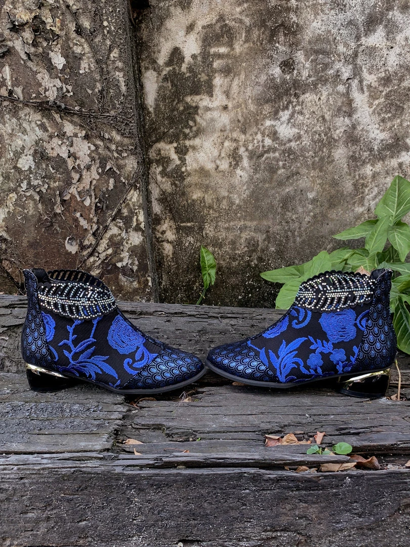 YL En Bloom | Rhinestone Ankle Floral-Embroidered Boot - Blue 7 YL En Bloom | Rhinestone Ankle Floral-Embroidered Boot - Blue