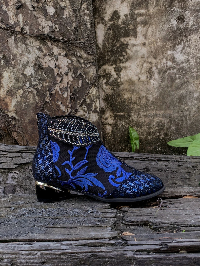 YL En Bloom | Rhinestone Ankle Floral-Embroidered Boot - Blue 6 YL En Bloom | Rhinestone Ankle Floral-Embroidered Boot - Blue
