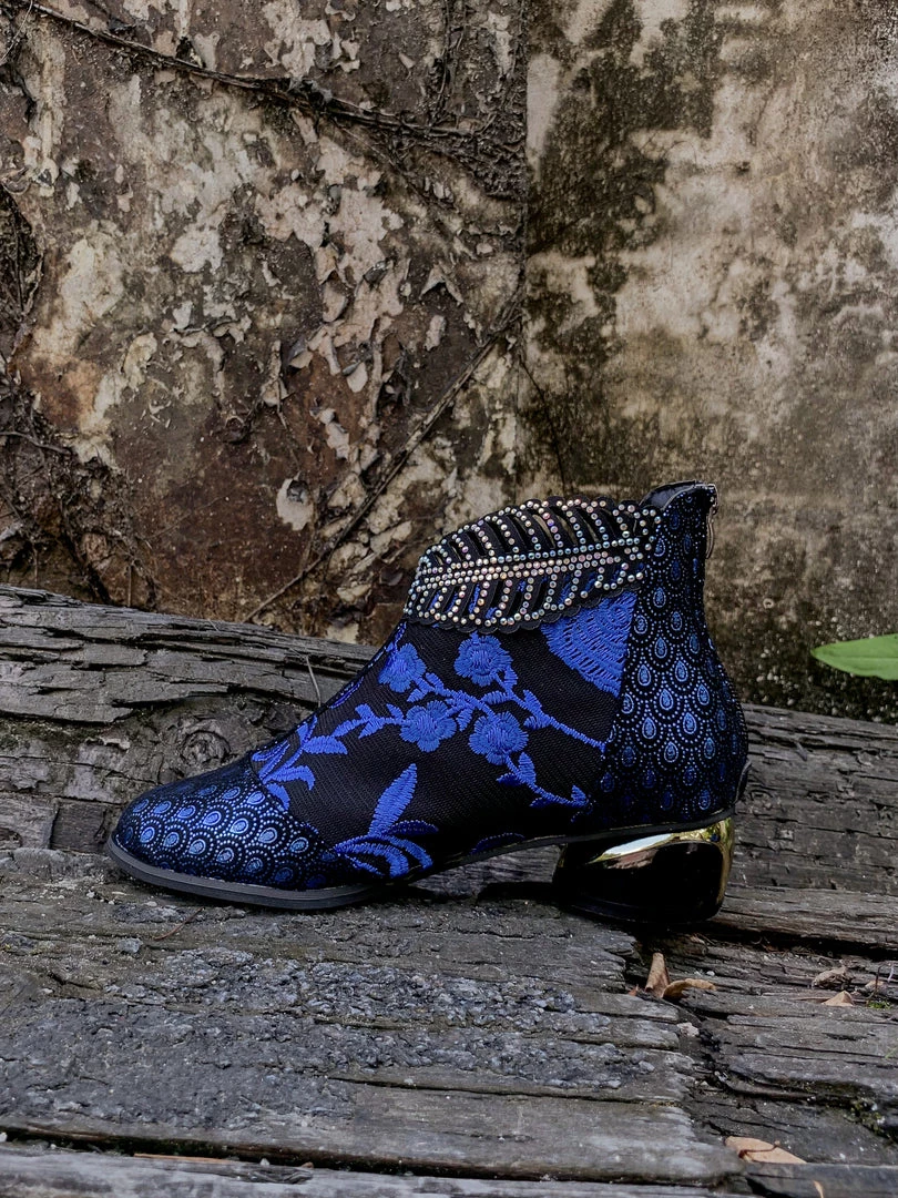 YL En Bloom | Rhinestone Ankle Floral-Embroidered Boot - Blue 8 YL En Bloom | Rhinestone Ankle Floral-Embroidered Boot - Blue