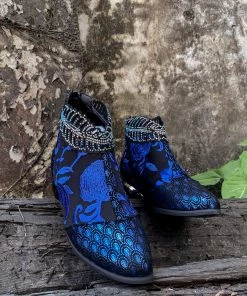 YL En Bloom | Rhinestone Ankle Floral-Embroidered Boot - Blue 12 YL En Bloom | Rhinestone Ankle Floral-Embroidered Boot - Blue