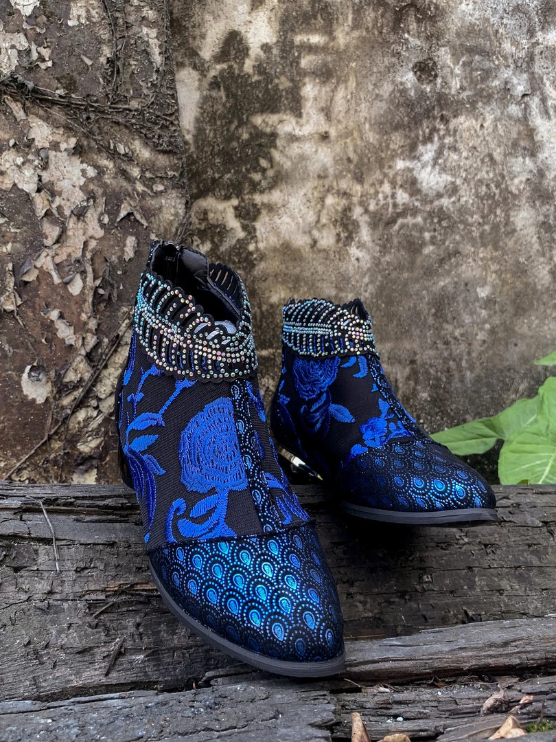 YL En Bloom | Rhinestone Ankle Floral-Embroidered Boot - Blue 5 YL En Bloom | Rhinestone Ankle Floral-Embroidered Boot - Blue