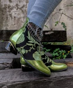 YL En Bloom | Rhinestone Ankle Floral-Embroidered Boot - Green