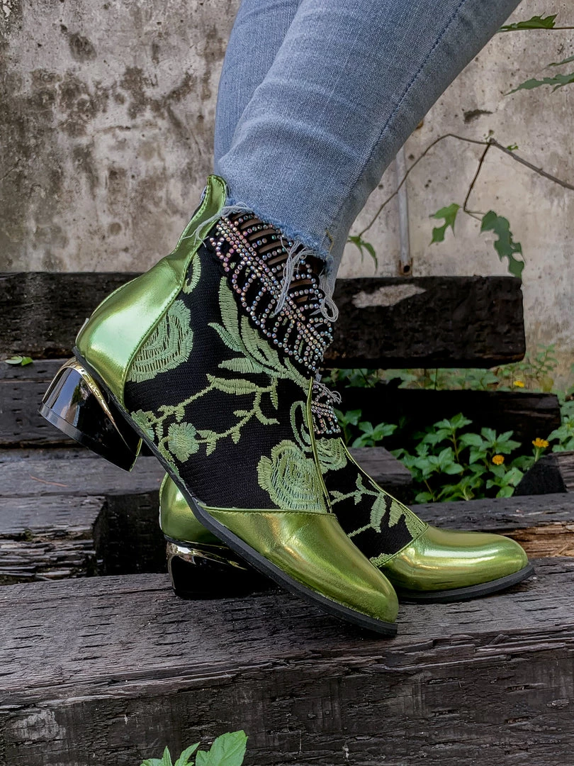 YL En Bloom | Rhinestone Ankle Floral-Embroidered Boot - Green 2 YL En Bloom | Rhinestone Ankle Floral-Embroidered Boot - Green