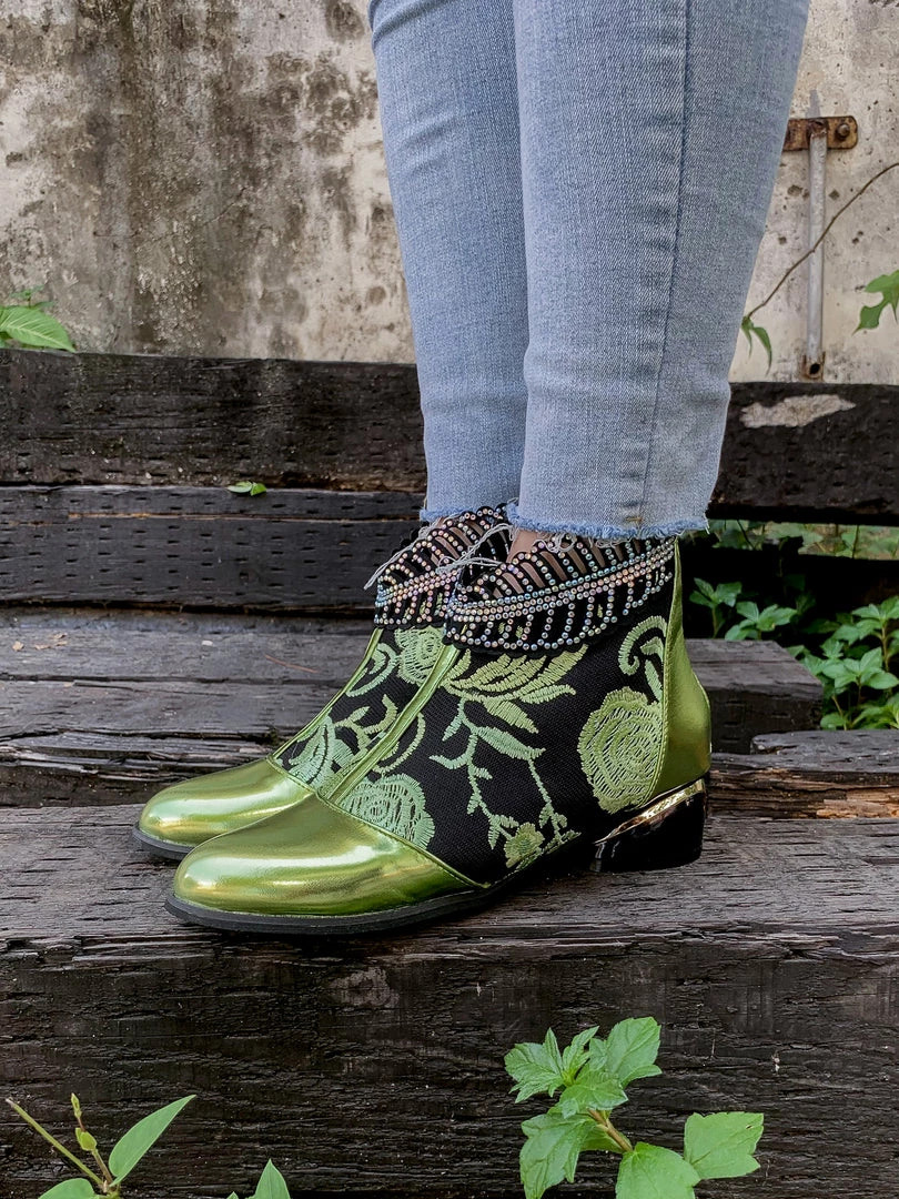 YL En Bloom | Rhinestone Ankle Floral-Embroidered Boot - Green 3 YL En Bloom | Rhinestone Ankle Floral-Embroidered Boot - Green