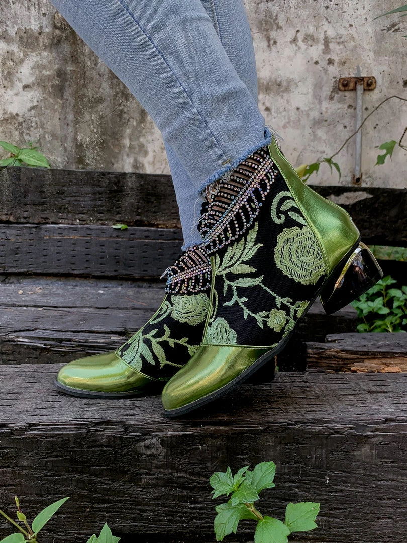 YL En Bloom | Rhinestone Ankle Floral-Embroidered Boot - Green 4 YL En Bloom | Rhinestone Ankle Floral-Embroidered Boot - Green