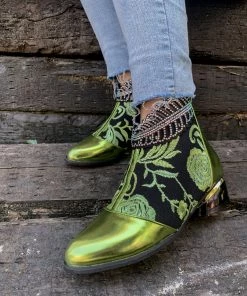 YL En Bloom | Rhinestone Ankle Floral-Embroidered Boot - Green