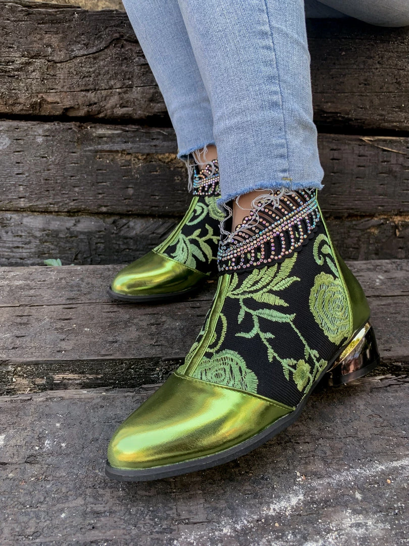 YL En Bloom | Rhinestone Ankle Floral-Embroidered Boot - Green 1 YL En Bloom | Rhinestone Ankle Floral-Embroidered Boot - Green