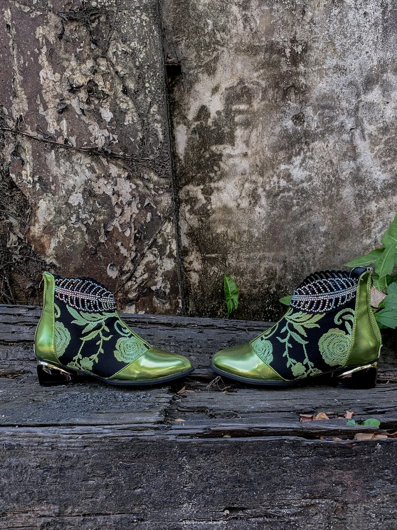 YL En Bloom | Rhinestone Ankle Floral-Embroidered Boot - Green 8 YL En Bloom | Rhinestone Ankle Floral-Embroidered Boot - Green