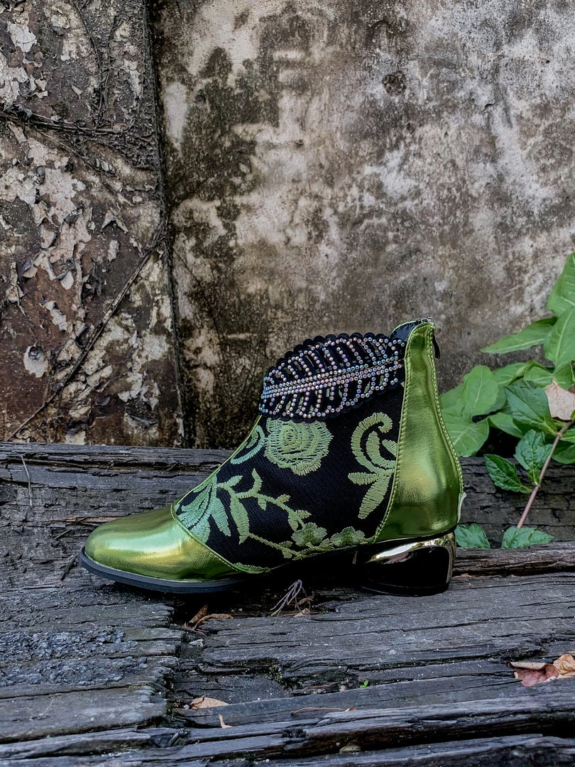 YL En Bloom | Rhinestone Ankle Floral-Embroidered Boot - Green 7 YL En Bloom | Rhinestone Ankle Floral-Embroidered Boot - Green