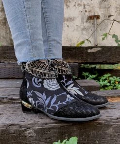 YL En Bloom | Rhinestone Ankle Floral-Embroidered Boot - Black