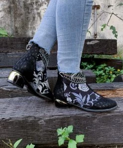 YL En Bloom | Rhinestone Ankle Floral-Embroidered Boot - Black