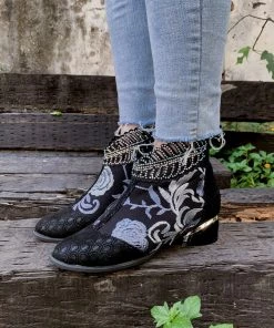 YL En Bloom | Rhinestone Ankle Floral-Embroidered Boot - Black