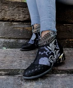 YL En Bloom | Rhinestone Ankle Floral-Embroidered Boot - Black