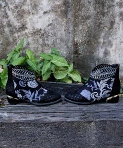 YL En Bloom | Rhinestone Ankle Floral-Embroidered Boot - Black