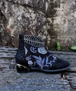 YL En Bloom | Rhinestone Ankle Floral-Embroidered Boot - Black