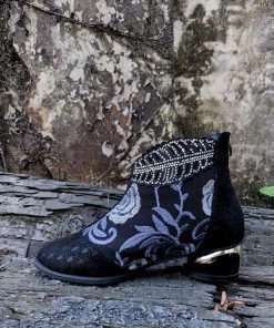 YL En Bloom | Rhinestone Ankle Floral-Embroidered Boot - Black