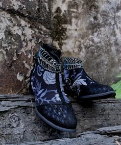 YL En Bloom | Rhinestone Ankle Floral-Embroidered Boot - Black