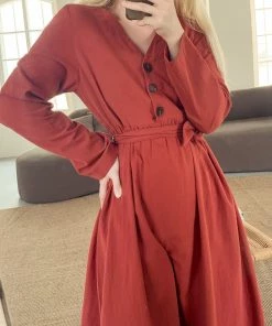 YBL Smaibulun | Button-Front Tie-Waist Midi Dress - Orange