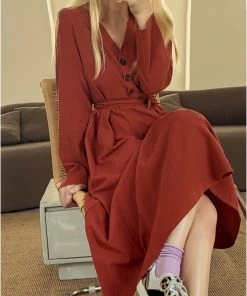 YBL Smaibulun | Button-Front Tie-Waist Midi Dress - Orange