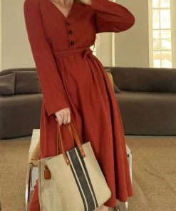 YBL Smaibulun | Button-Front Tie-Waist Midi Dress - Orange