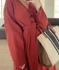 YBL Smaibulun | Button-Front Tie-Waist Midi Dress - Orange