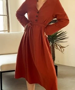 YBL Smaibulun | Button-Front Tie-Waist Midi Dress - Orange