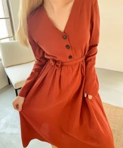 YBL Smaibulun | Button-Front Tie-Waist Midi Dress - Orange