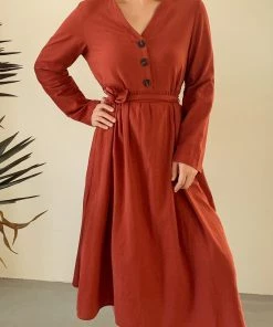 YBL Smaibulun | Button-Front Tie-Waist Midi Dress - Orange