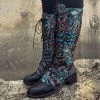 YL En Bloom | Black Floral Embroidered Laced Up Knee Heel Boots New In Shoes