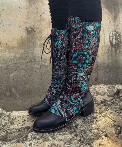 YL En Bloom | Black Floral Embroidered Laced Up Knee Heel Boots New In Shoes