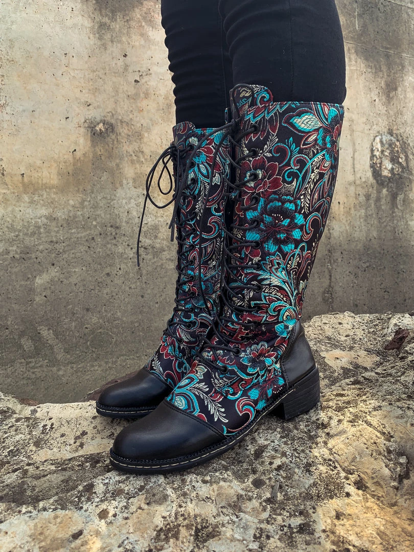 YL En Bloom | Black Floral Embroidered Laced Up Knee Heel Boots New In Shoes 1 YL En Bloom | Black Floral Embroidered Laced Up Knee Heel Boots New In Shoes