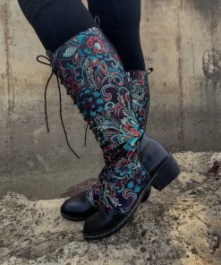 YL En Bloom | Black Floral Embroidered Laced Up Knee Heel Boots New In Shoes 12 YL En Bloom | Black Floral Embroidered Laced Up Knee Heel Boots New In Shoes