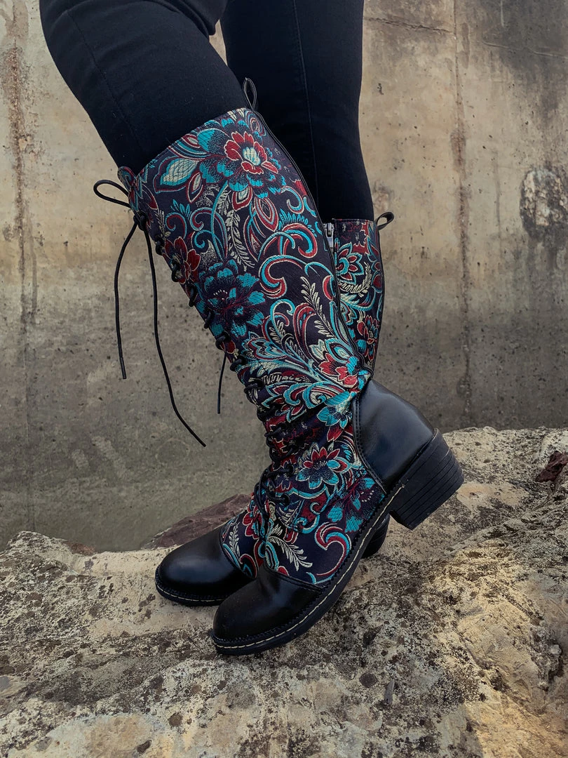 YL En Bloom | Black Floral Embroidered Laced Up Knee Heel Boots New In Shoes 3 YL En Bloom | Black Floral Embroidered Laced Up Knee Heel Boots New In Shoes
