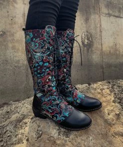 YL En Bloom | Black Floral Embroidered Laced Up Knee Heel Boots New In Shoes 13 YL En Bloom | Black Floral Embroidered Laced Up Knee Heel Boots New In Shoes