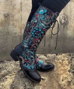 YL En Bloom | Black Floral Embroidered Laced Up Knee Heel Boots New In Shoes 15 YL En Bloom | Black Floral Embroidered Laced Up Knee Heel Boots New In Shoes