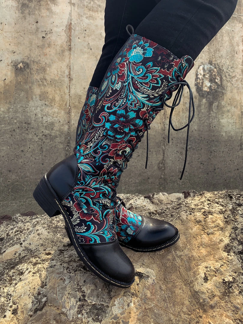 YL En Bloom | Black Floral Embroidered Laced Up Knee Heel Boots New In Shoes 6 YL En Bloom | Black Floral Embroidered Laced Up Knee Heel Boots New In Shoes