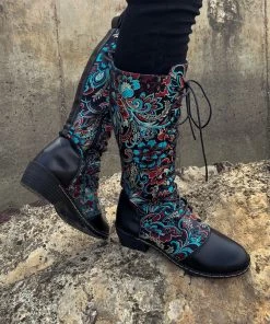 YL En Bloom | Black Floral Embroidered Laced Up Knee Heel Boots New In Shoes 16 YL En Bloom | Black Floral Embroidered Laced Up Knee Heel Boots New In Shoes