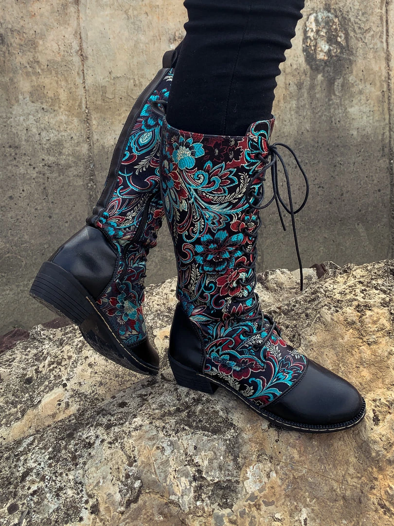 YL En Bloom | Black Floral Embroidered Laced Up Knee Heel Boots New In Shoes 7 YL En Bloom | Black Floral Embroidered Laced Up Knee Heel Boots New In Shoes