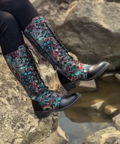 YL En Bloom | Black Floral Embroidered Laced Up Knee Heel Boots New In Shoes 14 YL En Bloom | Black Floral Embroidered Laced Up Knee Heel Boots New In Shoes