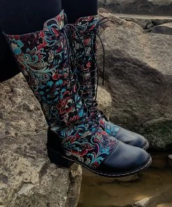 YL En Bloom | Black Floral Embroidered Laced Up Knee Heel Boots New In Shoes 18 YL En Bloom | Black Floral Embroidered Laced Up Knee Heel Boots New In Shoes