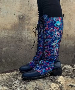 YL New In Shoes En Bloom | Navy Floral Embroidered Lace-Up Long Knee Boots