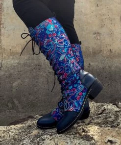 YL New In Shoes En Bloom | Navy Floral Embroidered Lace-Up Long Knee Boots